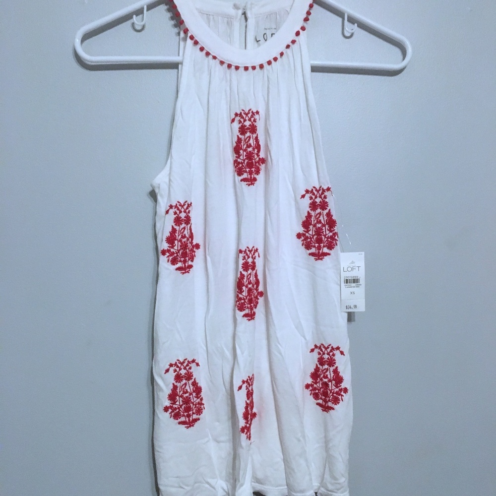 LOFT White Embroidered Floral Halter Top